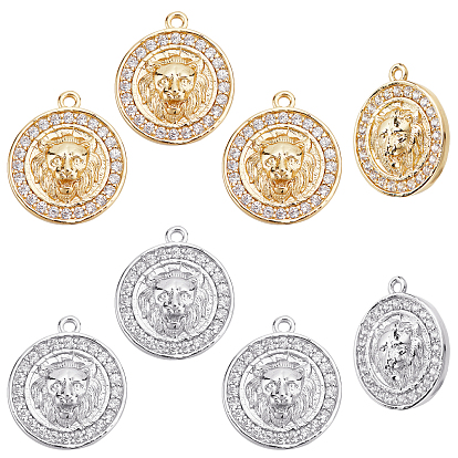 8Pcs 2 Colors Brass Micro Pave Cubic Zirconia Pendants, Long-Lasting Plated, Flat Round with Lion Head, Clear