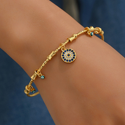 Golden Brass Open Cuff Bangles, with Cubic Zirconia Evil Eye Charms for Women