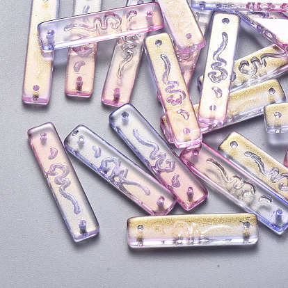 Two Tone Transparent Spray Painted Glass Links Connectors, with Glitter Powder, Rectangle