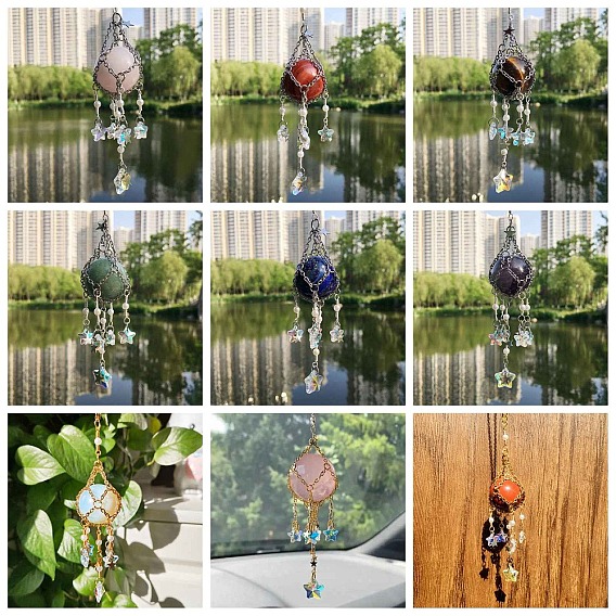 Glass Pendant Decoration, Suncatchers, with Titanium Steel Findings, Natural & Synthetic Gemstone Ball