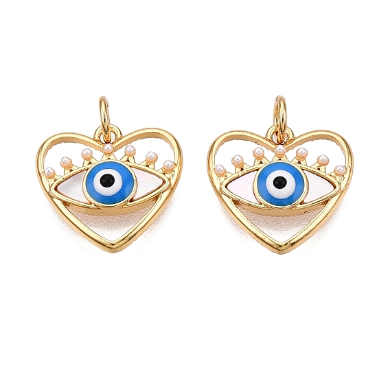 Латунь с имитацией жемчуга из АБС, Подвески из раковины, без кадмия и без свинца, Сердце с глаз, с подвесками-кольцами