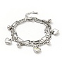 Shell Heart and Round Ball Charm Multi-strand Bracelet, 304 Stainless Steel Double Layered Chains Bracelet for Women