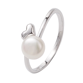 Round Natural Pearl Finger Rings, Heart Rhodium Plated Sterling Silver Finger Rings for Women