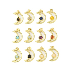 Mixed Gemstone Pendants, 304 Stainless Steel Moon Charms with Jump Rings, Real 18K Gold Plated