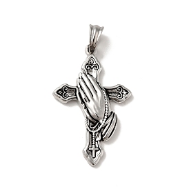 Tibetan Style 304 Stainless Steel Pendants, Religion Charm, Cross with Praying Hand