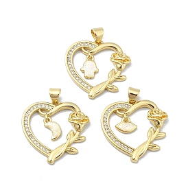 Brass Micro Pave Clear Cubic Zirconia Pendants, with Sythetic Opal, Heart, Real 18K Gold Plated