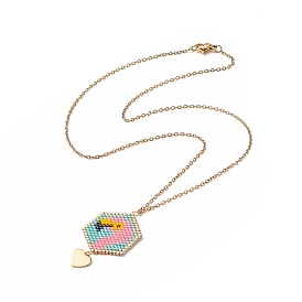 Hexagone tressé en graines de verre avec collier pendentif flamant rose, or 304 bijoux en acier inoxydable pour femmes