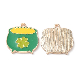 Alloy Pendants, with Enamel, Light Gold, Cauldron Kettle with Clover Charms, for Saint Patrick's Day