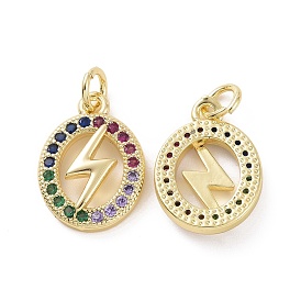 Brass Micro Pave Colorful Cubic Zirconia Pendants, with Jump Ring, Oval with Lightning Charms