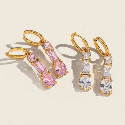 Овал с прямоугольником 304 серьги-кольца из нержавеющей стали, с кубического циркония, реальный 18 k позолоченный