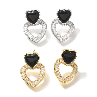 Серьги-гвоздики из латуни с кубическим цирконием и черным агатом, без кадмия и без свинца, сердце