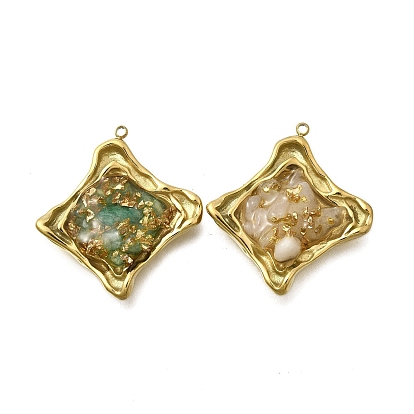 304 нержавеющей стальной эмали подвески, с натуральными драгоценными камнями внутри и золотой фольгой, ромбовидный шарм, золотые, ионное покрытие (ip)