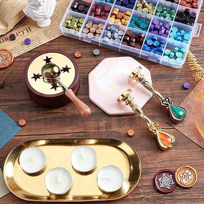 CRASPIRE DIY Scrapbook Making Kits, Including Hexagon Sealing Wax Particles, Flat Round Paraffin Candles, Wood Wax Furnace and Wax Sticks Melting Spoon Tool
