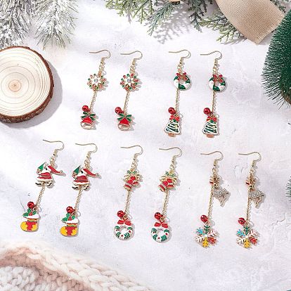 5 пары 5 стили серьги-подвески из сплава и эмали с рождественской тематикой, с 304 крючками для сережек и цепочками из нержавеющей стали, золотые