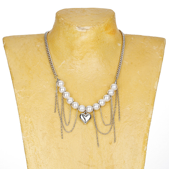 Colliers plastron à pompon en alliage avec perles rondes imitation perle et cœur pour femmes, platine