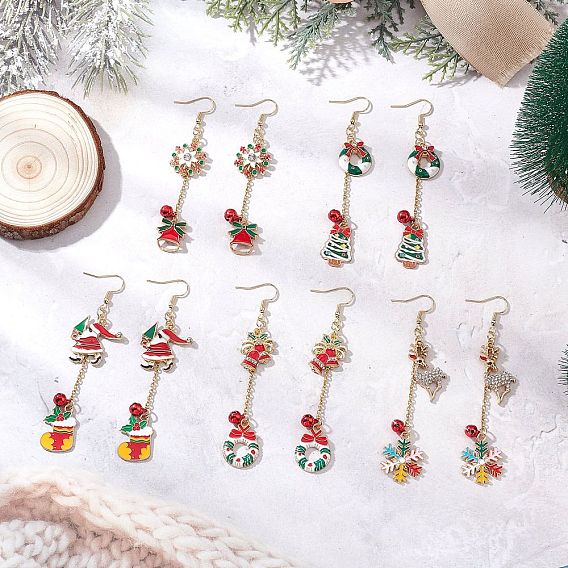 5 пары 5 стили серьги-подвески из сплава и эмали с рождественской тематикой, с 304 крючками для сережек и цепочками из нержавеющей стали, золотые