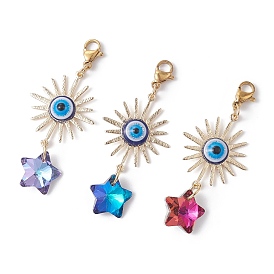 Electroplate Glass Star Pendant Decorations, with Brass Solar Eclipse Links and Resin Evil Eye Cabochons