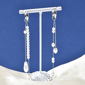 304 Серьги-кольца из нержавеющей стали с жемчужными бусинами из стекла для женщин, самородки, слева и справа