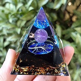 Orgonite Pyramid Resin Energy Generators, Reiki Natural  Amethyst & Black Obsidian
 Chips Inside for Home Office Desk Decoration