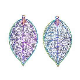 Ion Plating(IP) 304 Stainless Steel Filigree Big Pendants, Etched Metal Embellishments, Leaf