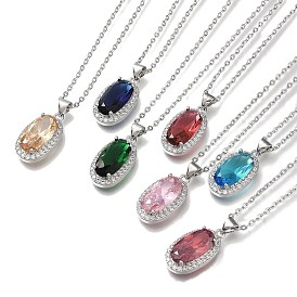 304 Stainless Steel Cable Chain Necklaces, Brass Clear Cubic Zirconia Oval Pendant Necklaces, Platinum & Stainless Steel Color