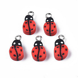 Handmade Polymer Clay Charms, with Platinum Plated Iron Loop, Ladybug