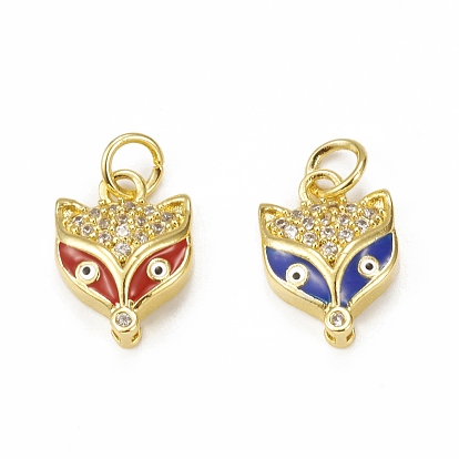 Brass Micro Pave Cubic Zirconia Charms, with Jump Ring & Enamel Evil Eye, Fox Head Charm, Golden