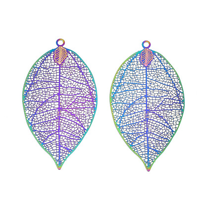 Ion Plating(IP) 304 Stainless Steel Filigree Big Pendants, Etched Metal Embellishments, Leaf