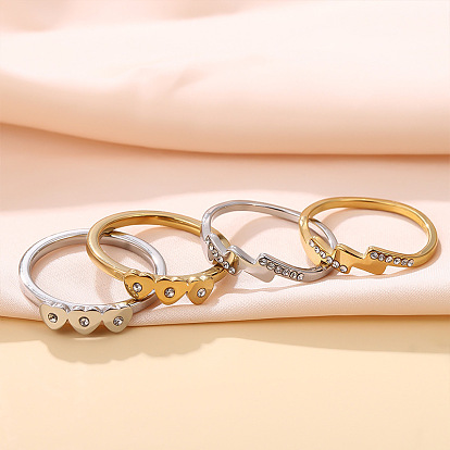 201 Stainless Steel Rhinestone Lightning Bolt Finger Rings for Women