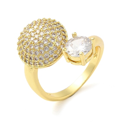 Brass Micro Pave Cubic Zirconia Cuff Rings, Cadmium Free & Lead Free, Flat Round