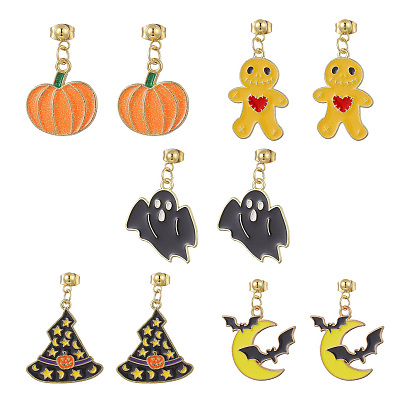 Halloween Theme Alloy Enamel Dangle Stud Earrrings, Golden 304 Stainless Steel Jewelry for Women