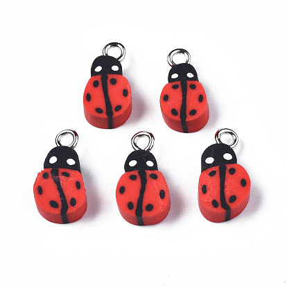 Handmade Polymer Clay Charms, with Platinum Plated Iron Loop, Ladybug