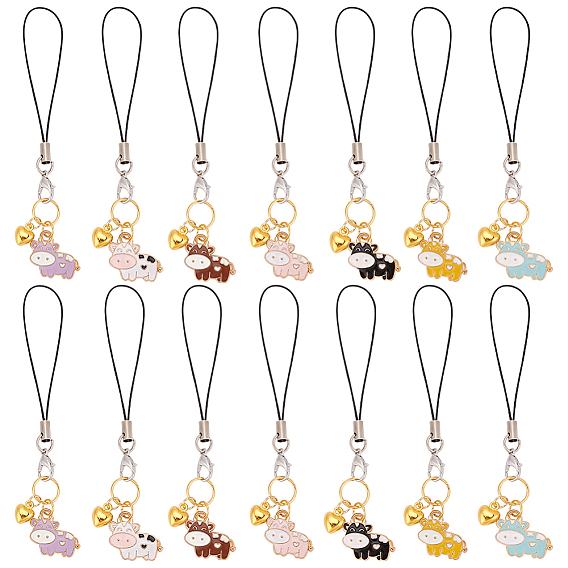 14 шт. подвеска на ремешке для сотового телефона с изображением коровы и сердца, подвеска с эмалью, подвесной брелок для женщин, украшение для телефона, с нейлоновым шнуром