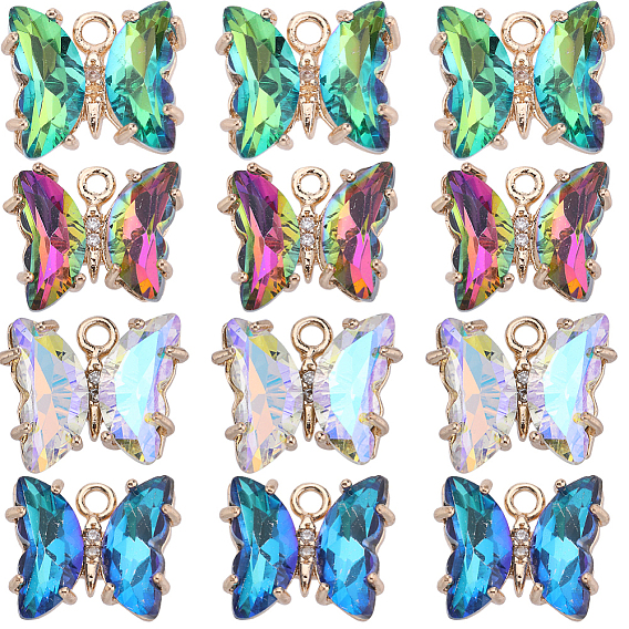32шт. 4 цвета латунь со стеклянными подвесками, с кристально горный хрусталь, бабочка