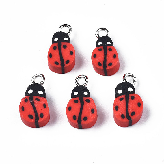 Handmade Polymer Clay Charms, with Platinum Plated Iron Loop, Ladybug