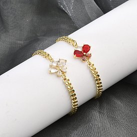 Brass Micro Pave Cubic Zirconia Link Bracelets, Curb Chains Jewely for Women, Real 18K Gold Plated, Butterfly