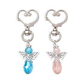 2Pcs 2 Colors Angel Glass Pendant Decorations, Heart Zinc Alloy Swivel Clasps Charms for Keychain, Purse, Backpack Ornament