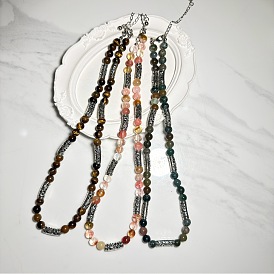 8Ожерелья из круглых бусин с драгоценными камнями диаметром мм, украшенные полыми резными трубчатыми бусинами из сплава., платина