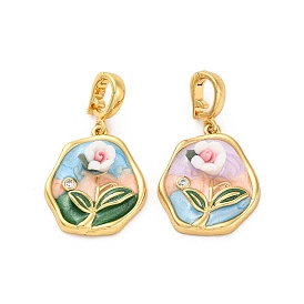 Brass Enamel Pendants, with Resin, Real 18K Gold Plated, Flat Round with Flower Charm