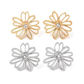 304 Stainless Steel Inlay Rhinestone Stud Earrings, for Women, PVD Vacuum Plating, Flower