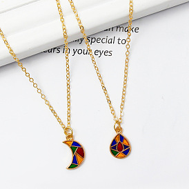 Colorful Minimalist Pendant Couple Necklace - Trendy Water Drop & Moon Shape Jewelry