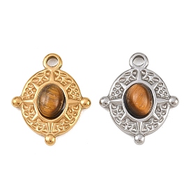 Природных тигровый глаз подвески, Овальные подвески с 304 оправами из нержавеющей стали