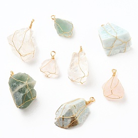 Rough Raw Natural Gemstone Pendants, Wire Wrapped Pendants, with Golden Plated Copper Wire, Nuggets