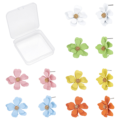 12Pcs 6 Colors Spray Painted Eco-Friendly Iron Stud Earring Findings, with Loops and Raw(Unplated) Pins, Flower, Cadmium Free & Nickel Free & Lead Free
