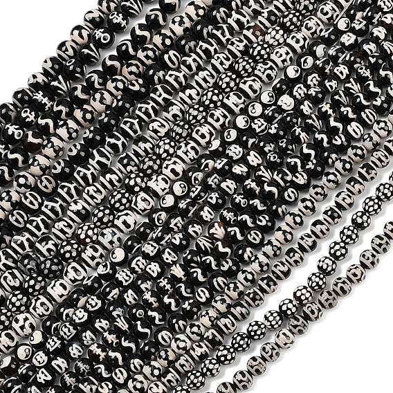 Тибетского стиля DZI бисер нитей, природных бисера агат, круглые, чёрные, окрашенная и подогревом