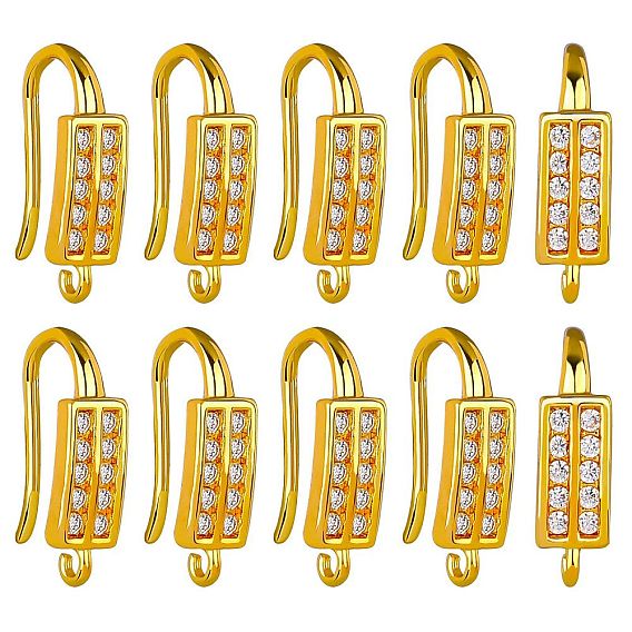 10 пары латунных крючков для сережек с микропаве и прозрачным фианитом, провод уха, с горизонтальными петлями, прямоугольные
