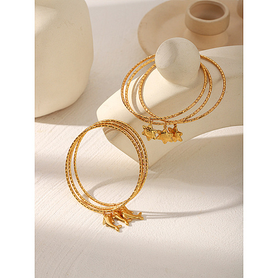 304 Stainless Steel Charm Bangle Sets, Real 18K Gold Plated