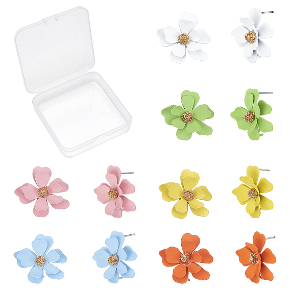 12 Stück 6 Farben, umweltfreundliche Ohrstecker aus Eisen, sprühlackiert, mit Schlaufen und rohen (nicht plattierten) Stiften, Blume, Cadmiumfrei und Nickel frei und Bleifrei
