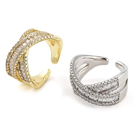 Rack Plating Brass Micro Pave Cubic Zirconia Open Cuff Rings, Criss Cross Rings for Women, Long-Lasting Plated, Cadmium Free & Lead Free
