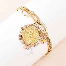 Плоские круглые и цветочные браслеты с подвесками из нержавеющей стали и эмали, с натуральным алаташским агатом и бусинами из кварца, ионное покрытие (ip)